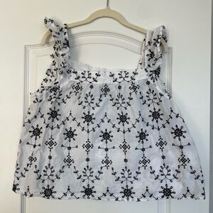Loft White Blouse Sleeveless Black Embroidery Cotton Size L Summer Breathable